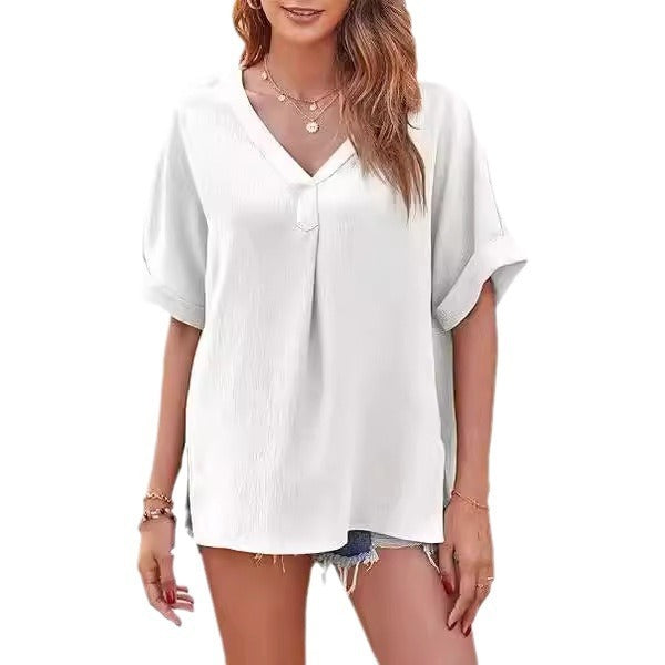 Spring And Summer Solid Color Short Sleeve Loose Blouse