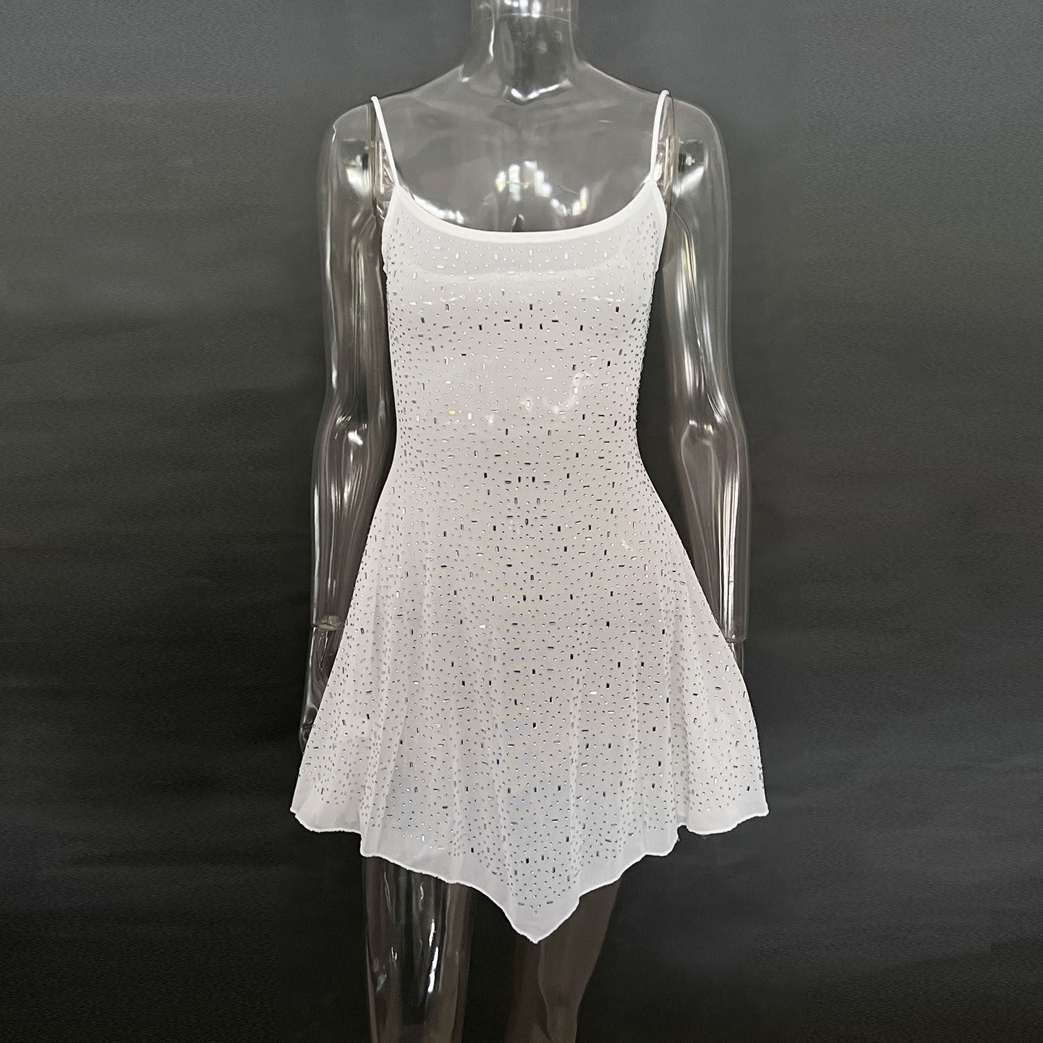 Trendy Rhinestone Sheer Party Dress - Women's Sexy Mini