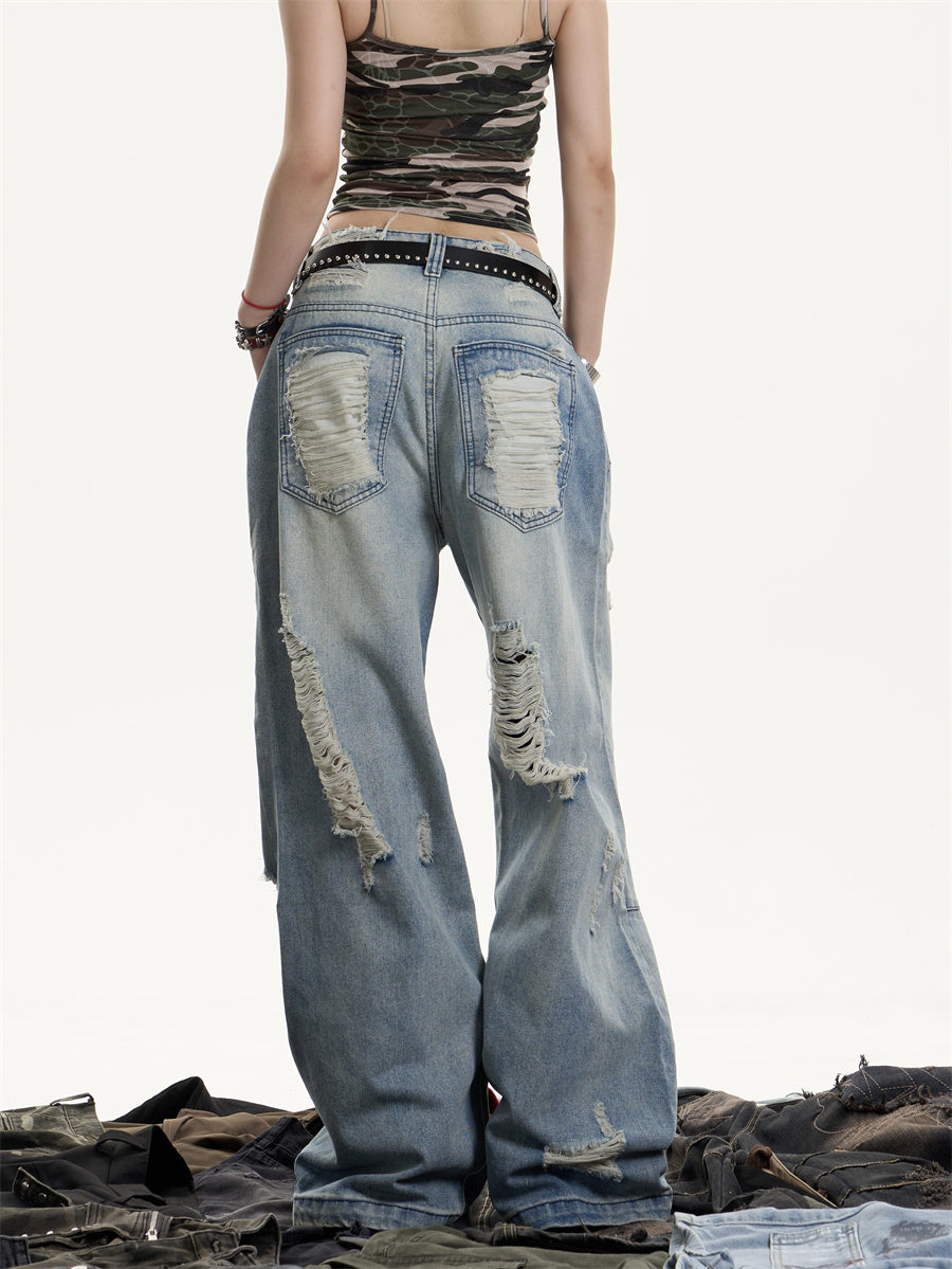 American Retro Washed Make Old Ripped Jeans Women's High Waist Loose Drooping
