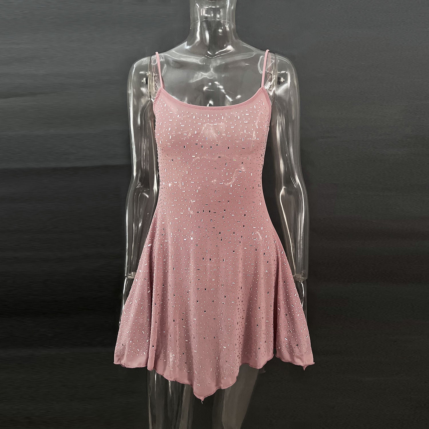 Trendy Rhinestone Sheer Party Dress - Women's Sexy Mini