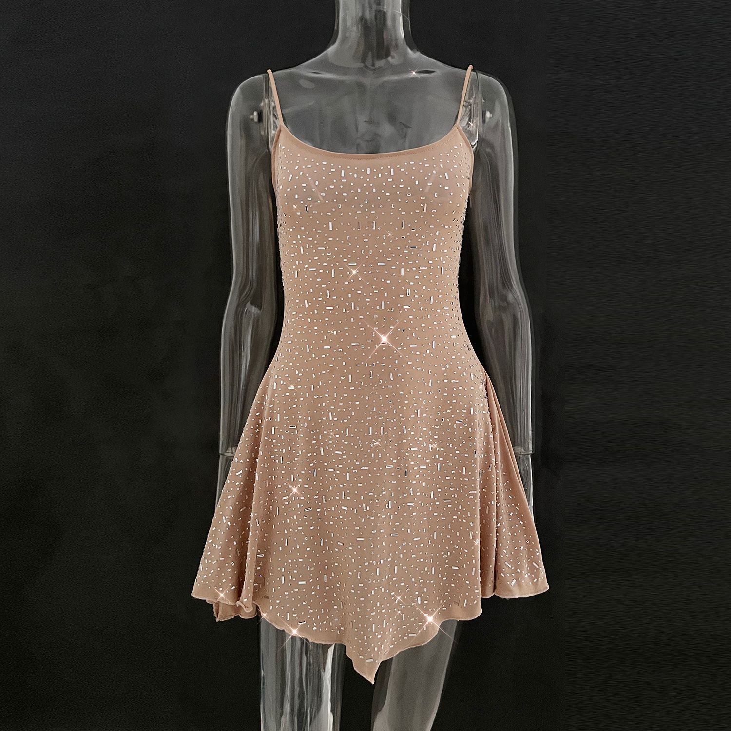 Trendy Rhinestone Sheer Party Dress - Women's Sexy Mini