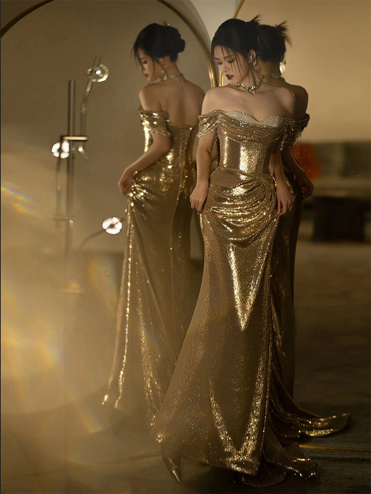 Women's Gold Off shoulder Bridal Fishtail Dress