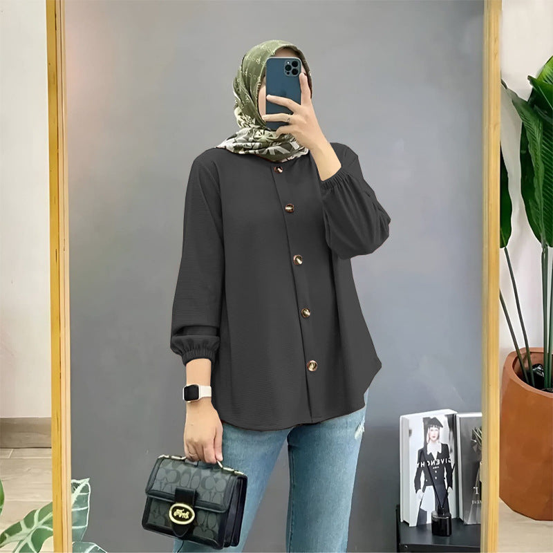 Muslim Ice Silk Wrinkle Stand-up Collar Literary Vintage Cardigan Loose Shirt Women