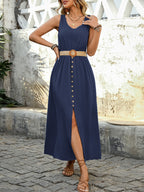 Summer Round-neck Sleeveless Split Dress With Button Design Fashion Solid Beach Long Dresses For Women Clothing